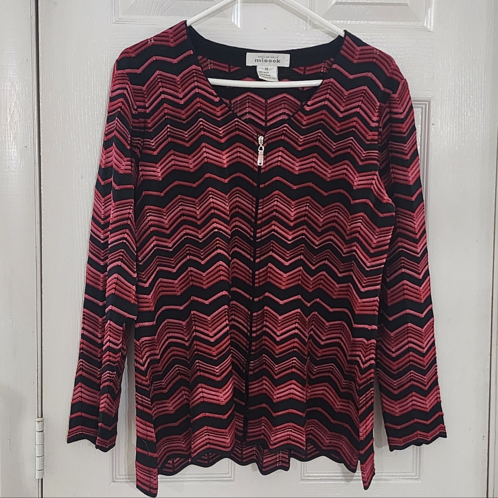 Exclusively Misook Chevron Knit Zip Cardigan Jacket Pink Black Scalloped Hem M